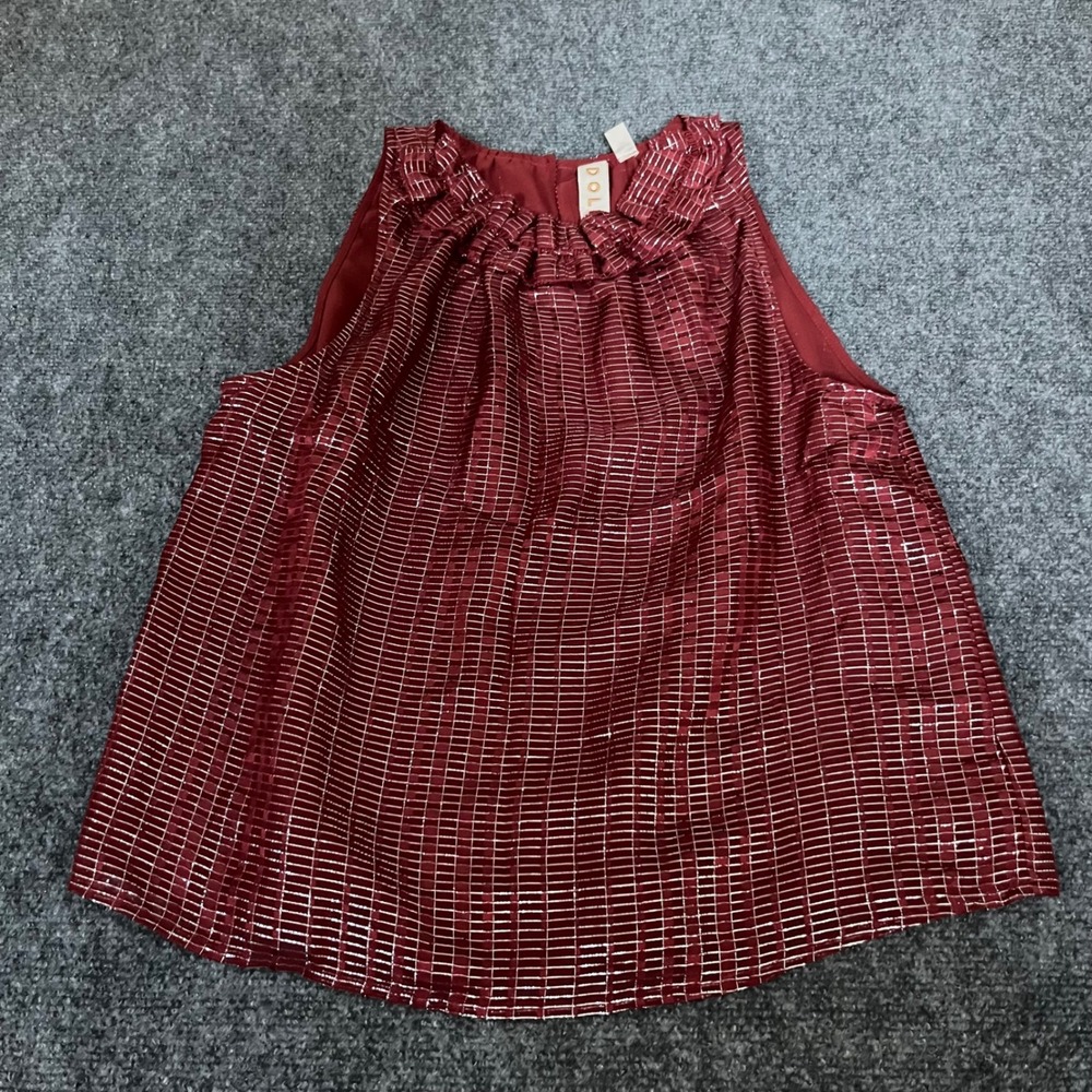 Dolan Left Coast Silk Blend Metallic Silver Grid Ruffle Neck Top Burgundy S